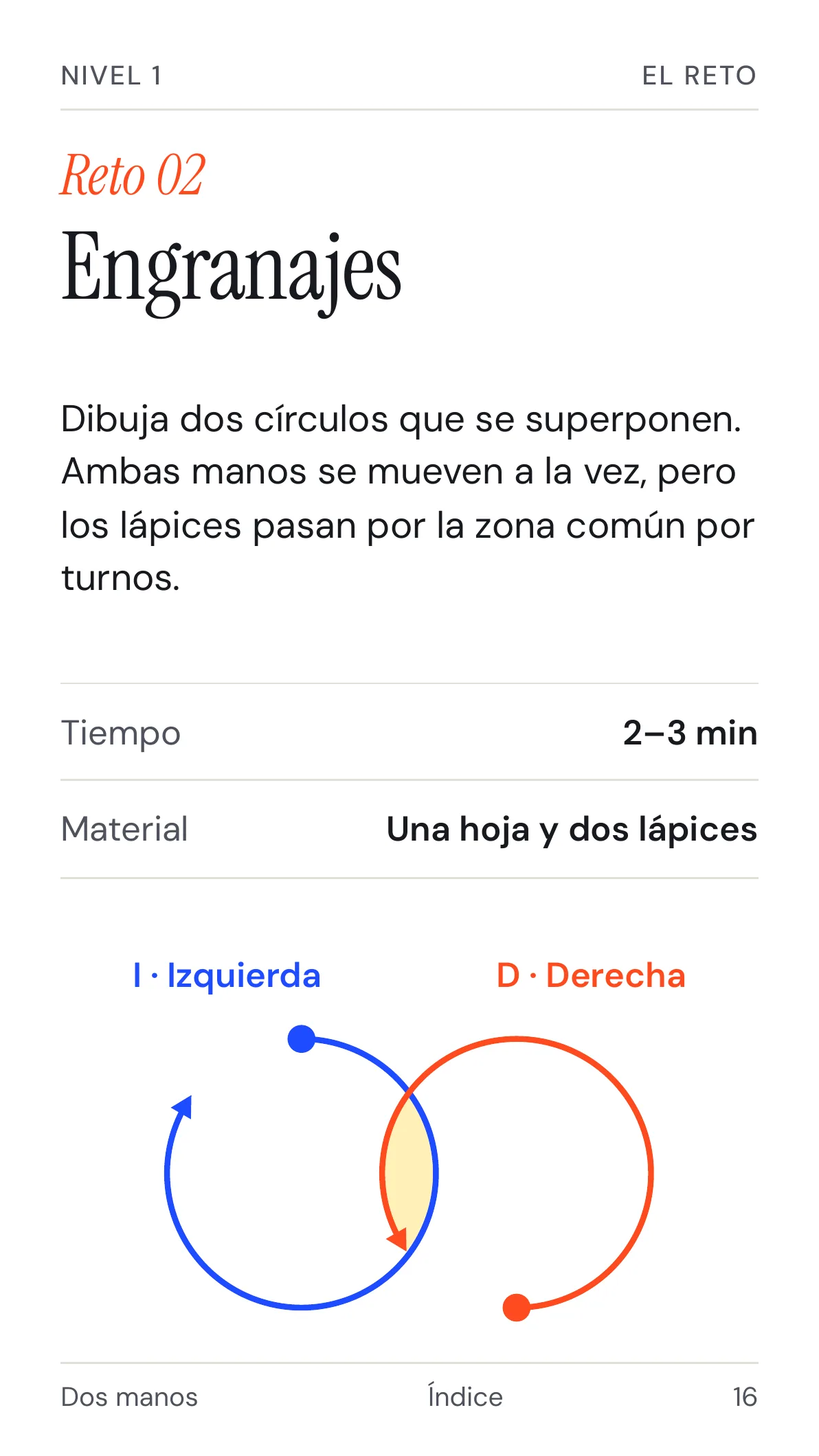 Página del reto 02, Engranajes: dos círculos que se superponen, con tiempo y material.
