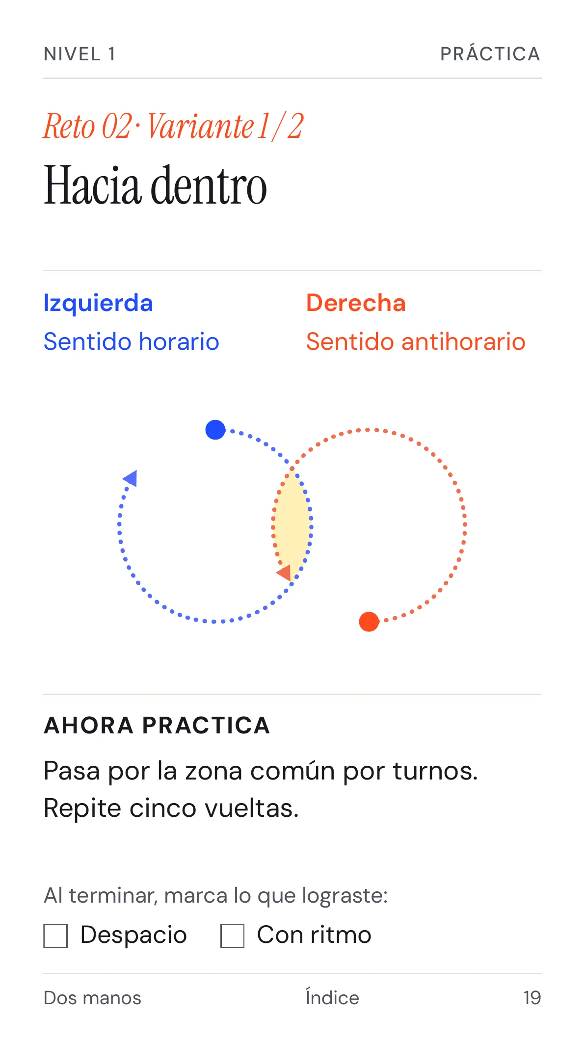 Variante 1 del reto 02: guía con la mano izquierda en azul y la derecha en naranja, y casillas Despacio y Con ritmo.