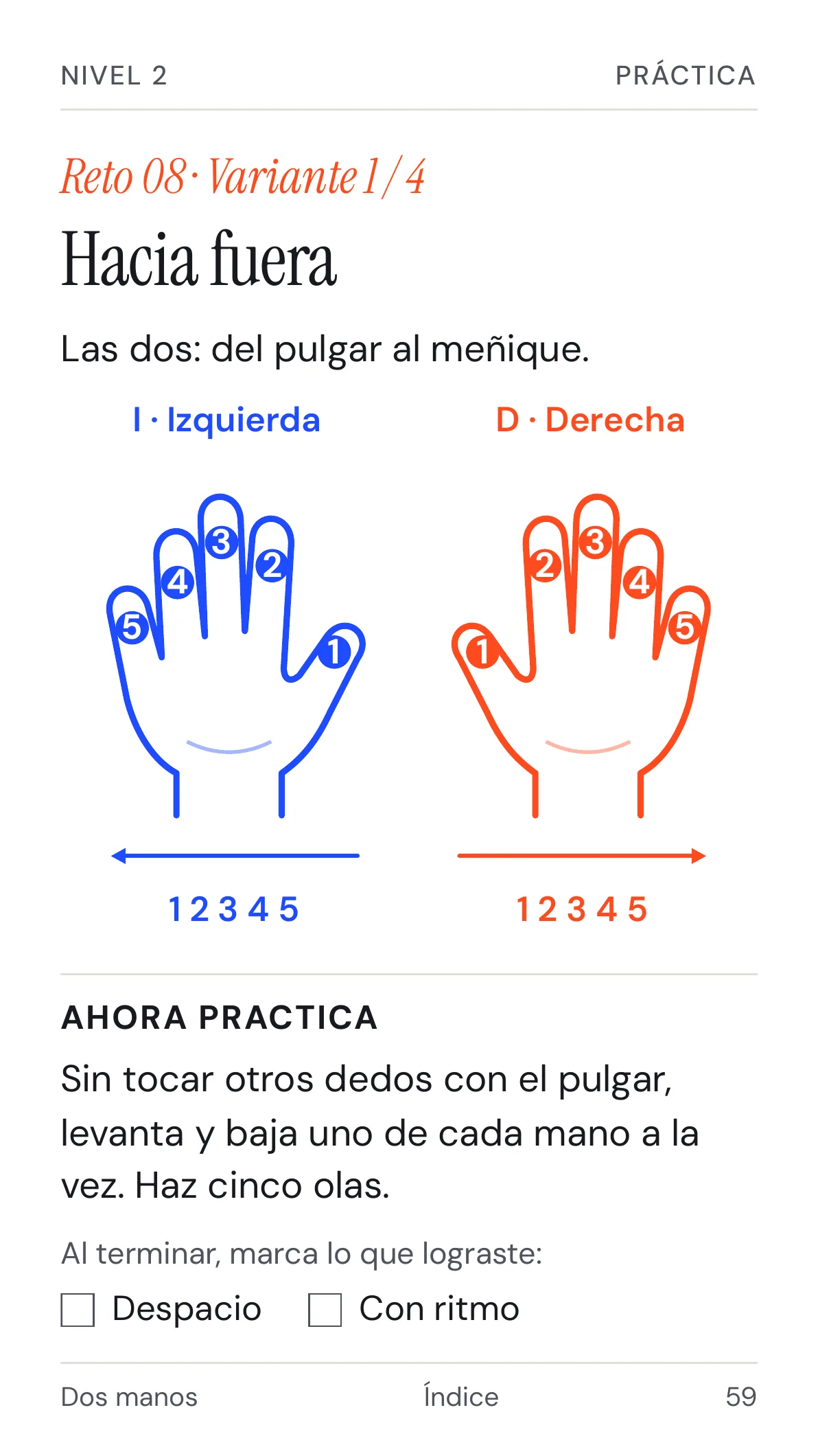 Reto 08, Ola de dedos: dibujo de las dos manos con los dedos numerados del 1 al 5.
