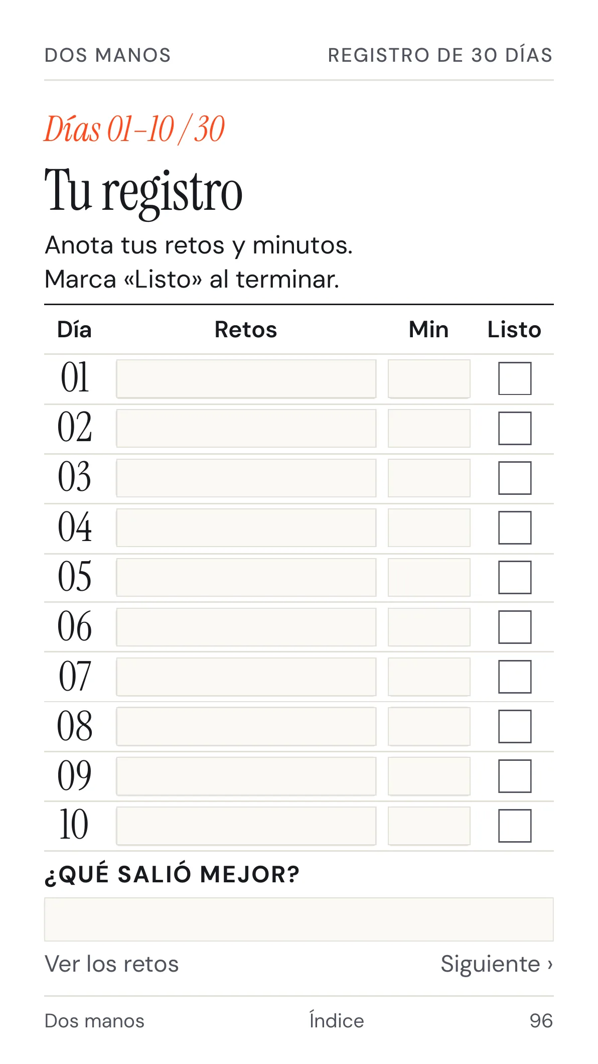 Página del registro de 30 días: tabla con día, retos, minutos y casilla Listo.
